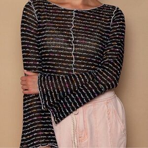 POL Black Striped Knit Bell-Sleeve Top with Multicolor Threads